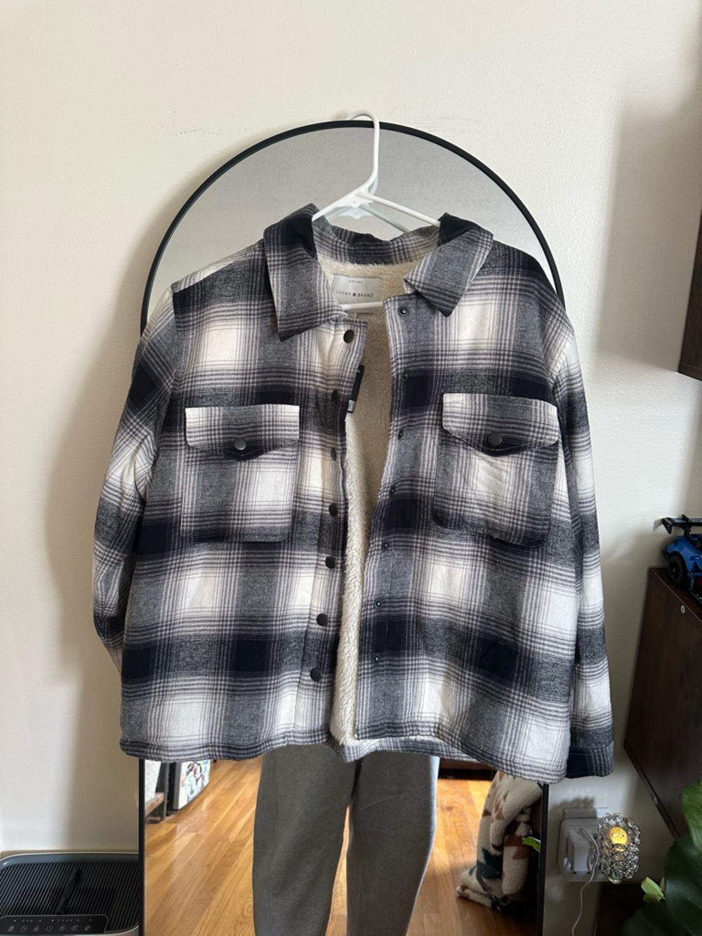 Lucky Brand Black & White Plaid Sherpa Shacket